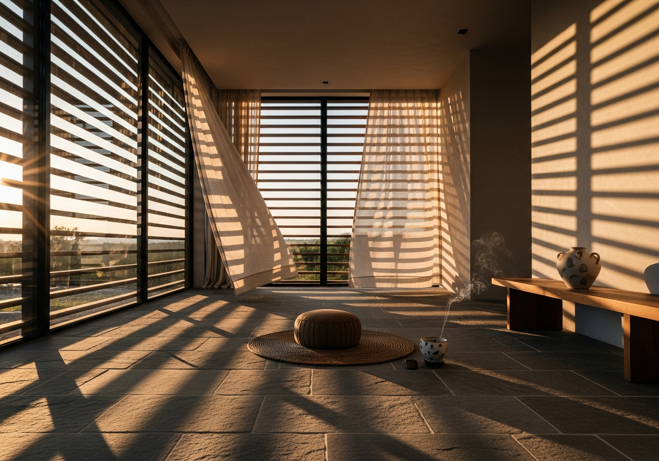 A meditation space overlooking the sea at golden hour