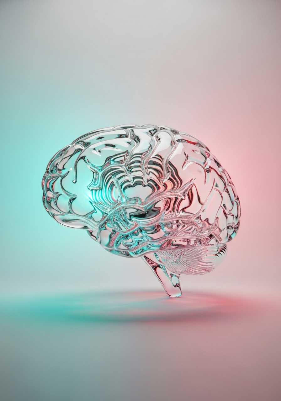 Glass brain rendered in electric teal and pink