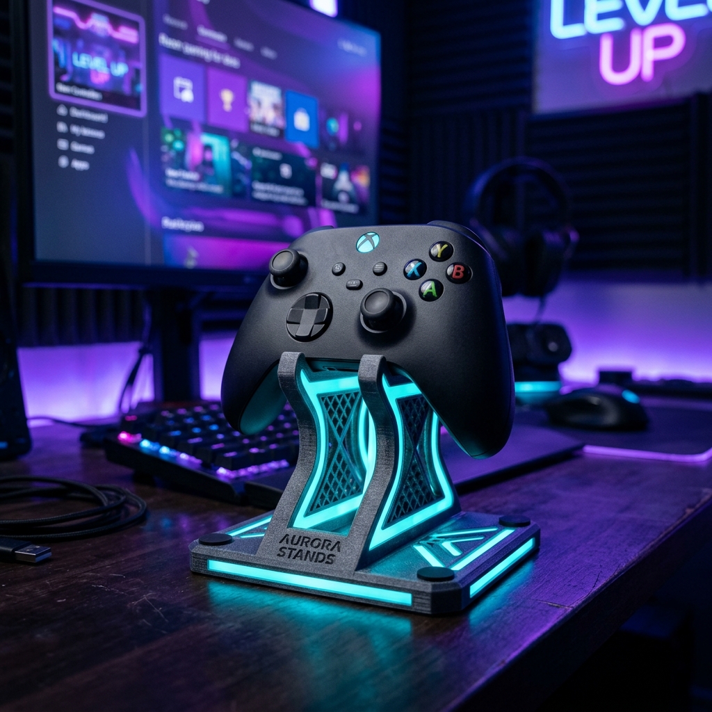 3D printed game controller stand with neon accents