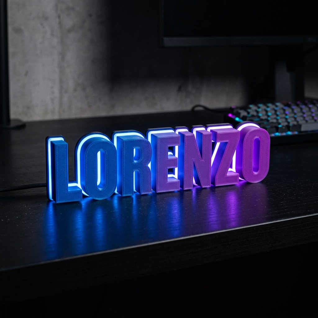 3D printed name sign spelling LORENZO in gradient filament