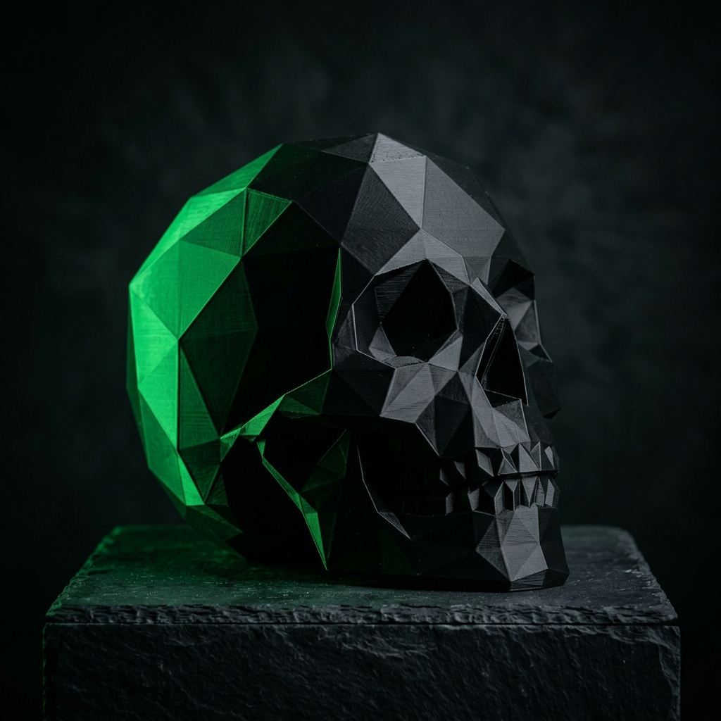 Low-poly 3D printed skull in matte black
