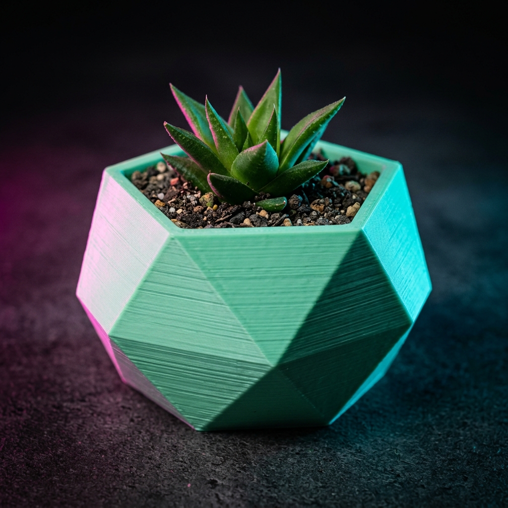 Geometric 3D printed planter with succulent