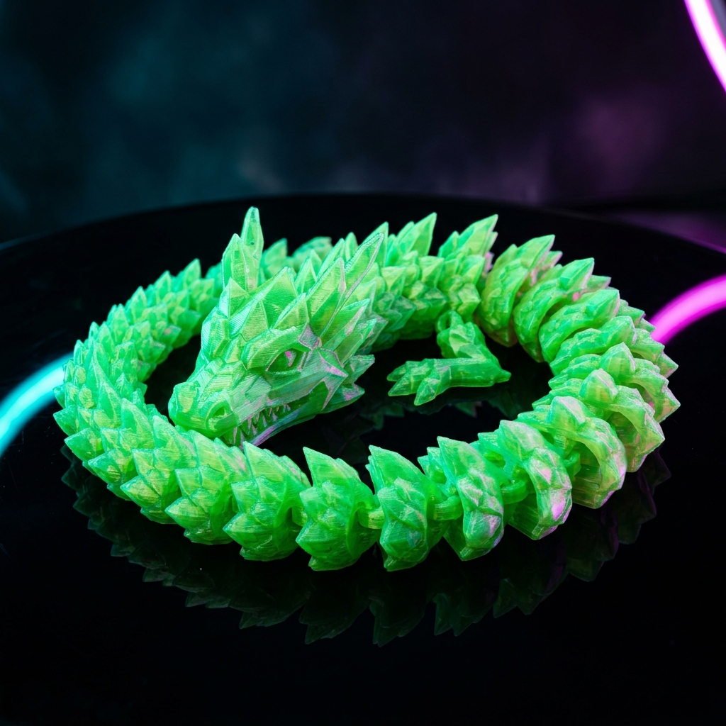 Articulated crystal dragon 3D print in neon green