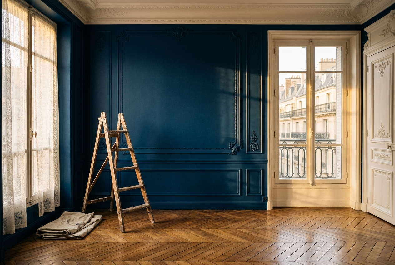 Salon repeint en bleu nuit par Style Peinture Décoration à Angers