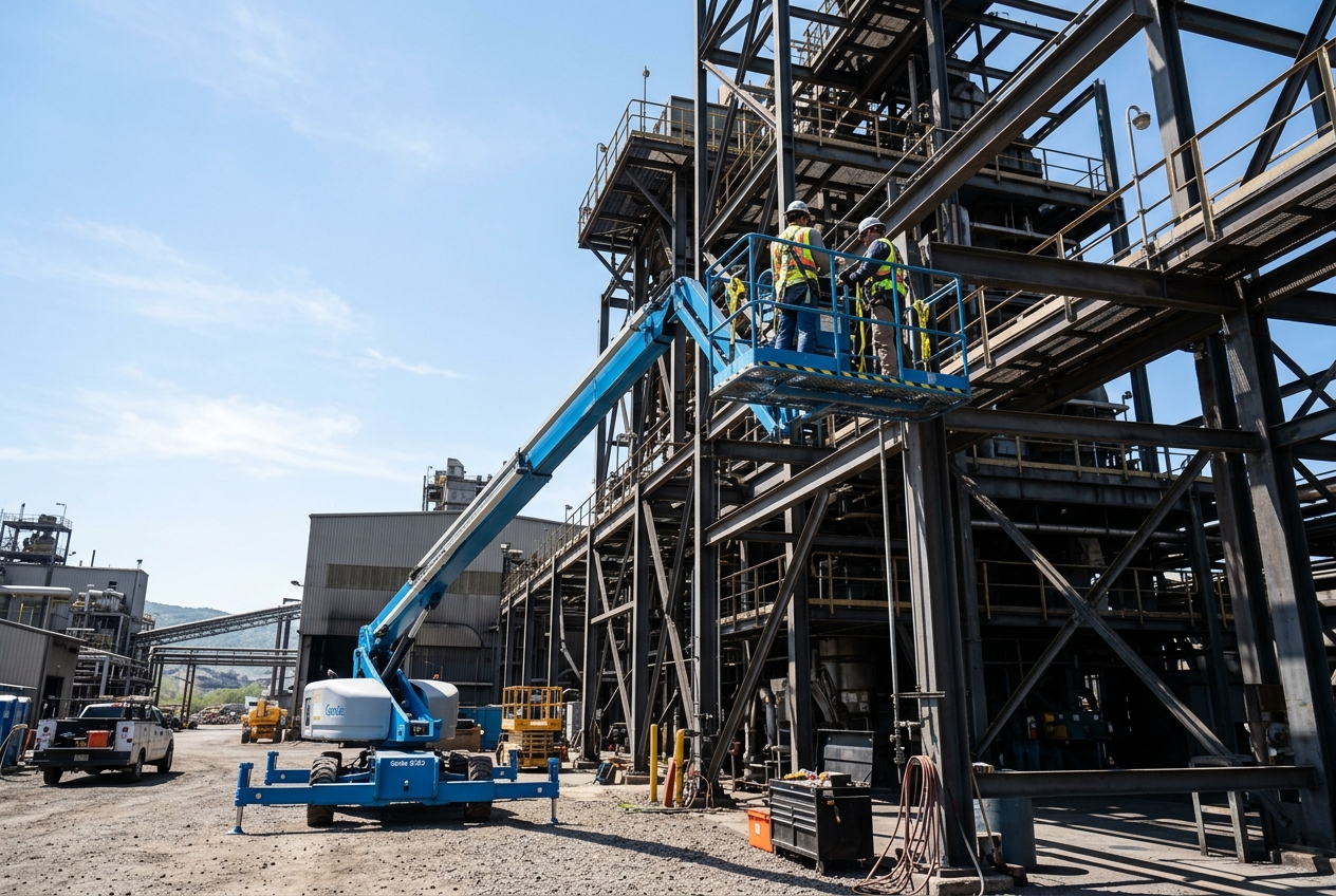 Boom manlift raised beside industrial steel structure