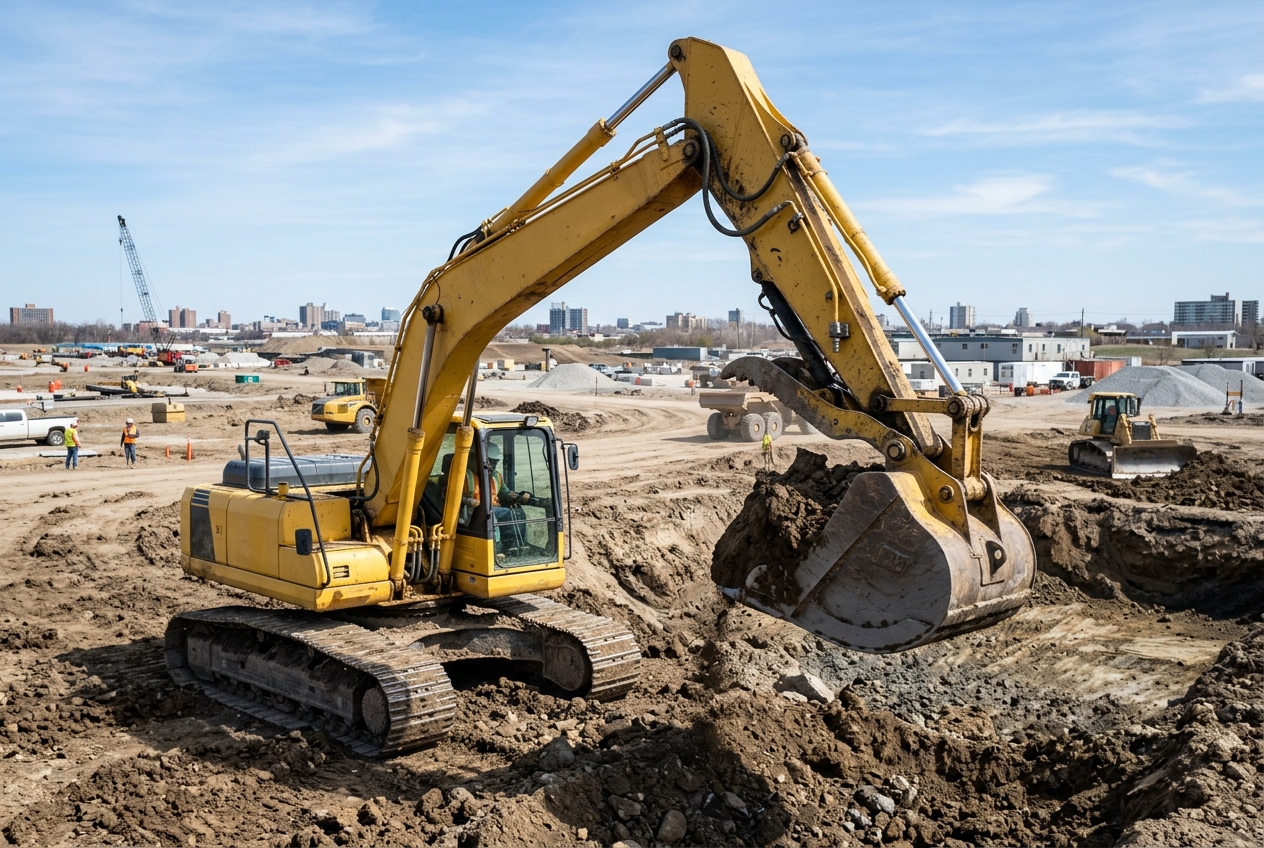 Excavator digging earth at a large construction site