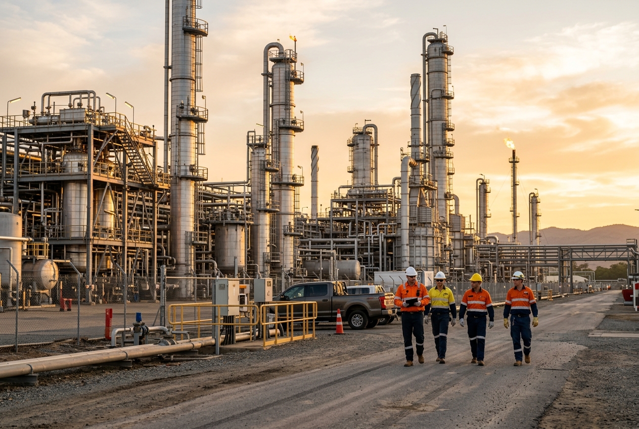 Refinery plant with engineers walking in safety gear