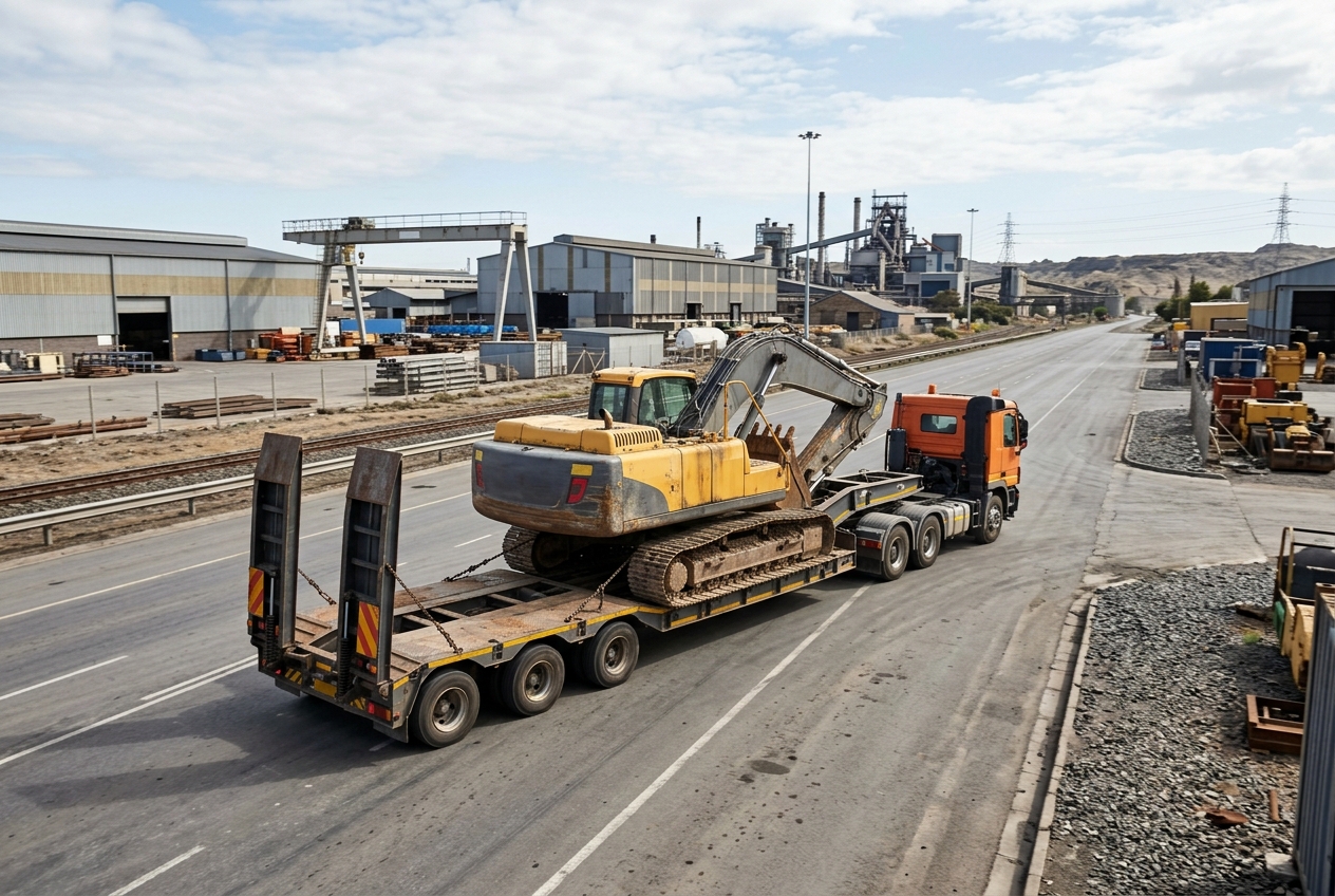 Low-bed trailer transporting construction machinery