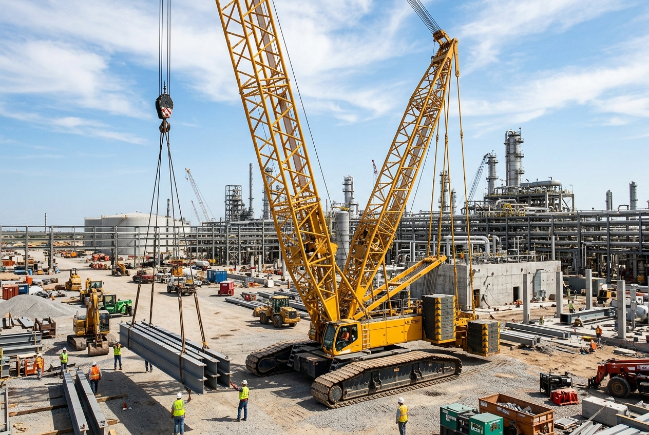 Crawler crane lifting steel at a refinery construction site