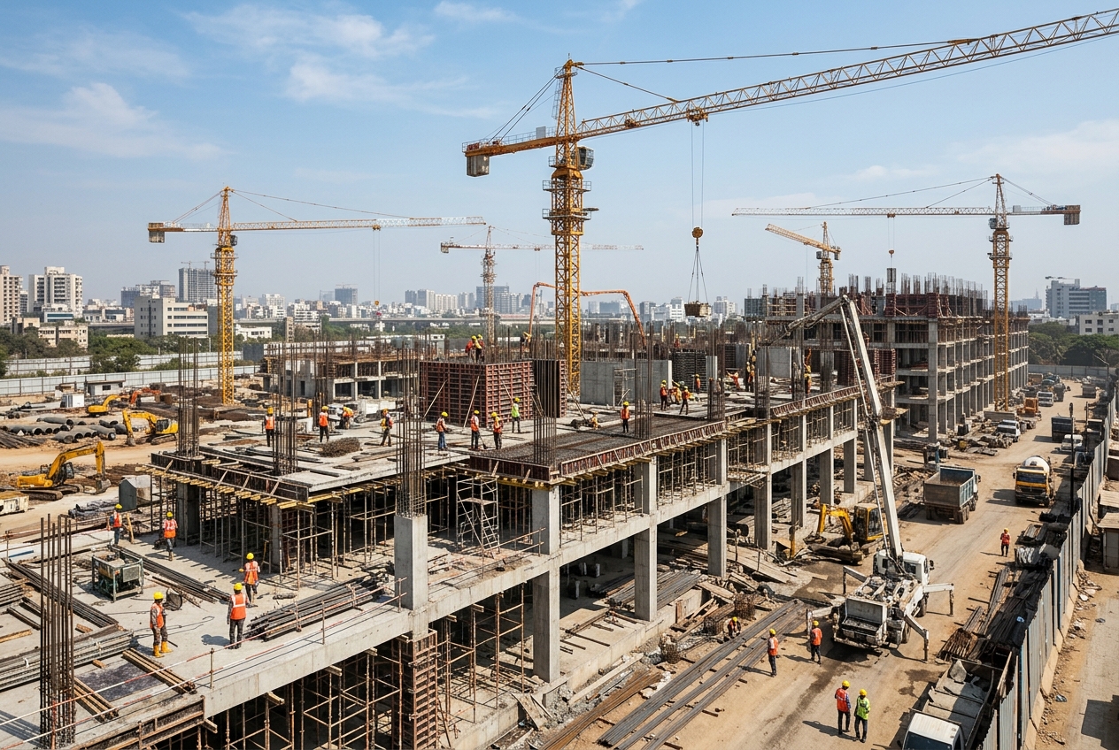 Large construction site with tower cranes and workers