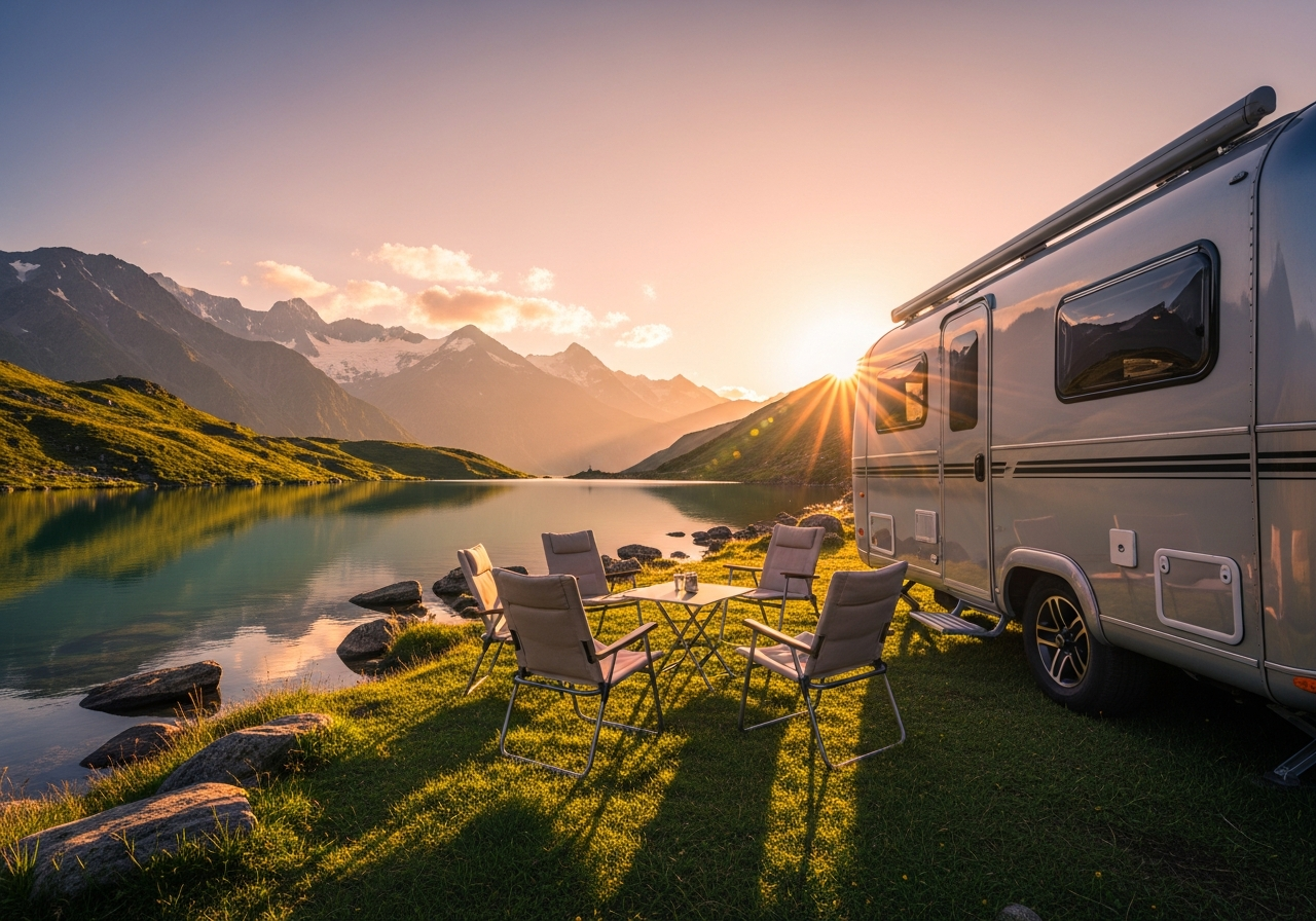 Caravan by lake