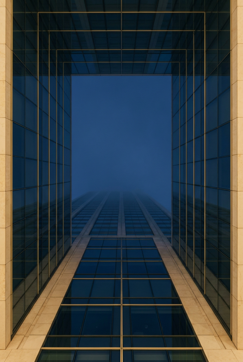 Institutional headquarters facade at blue hour