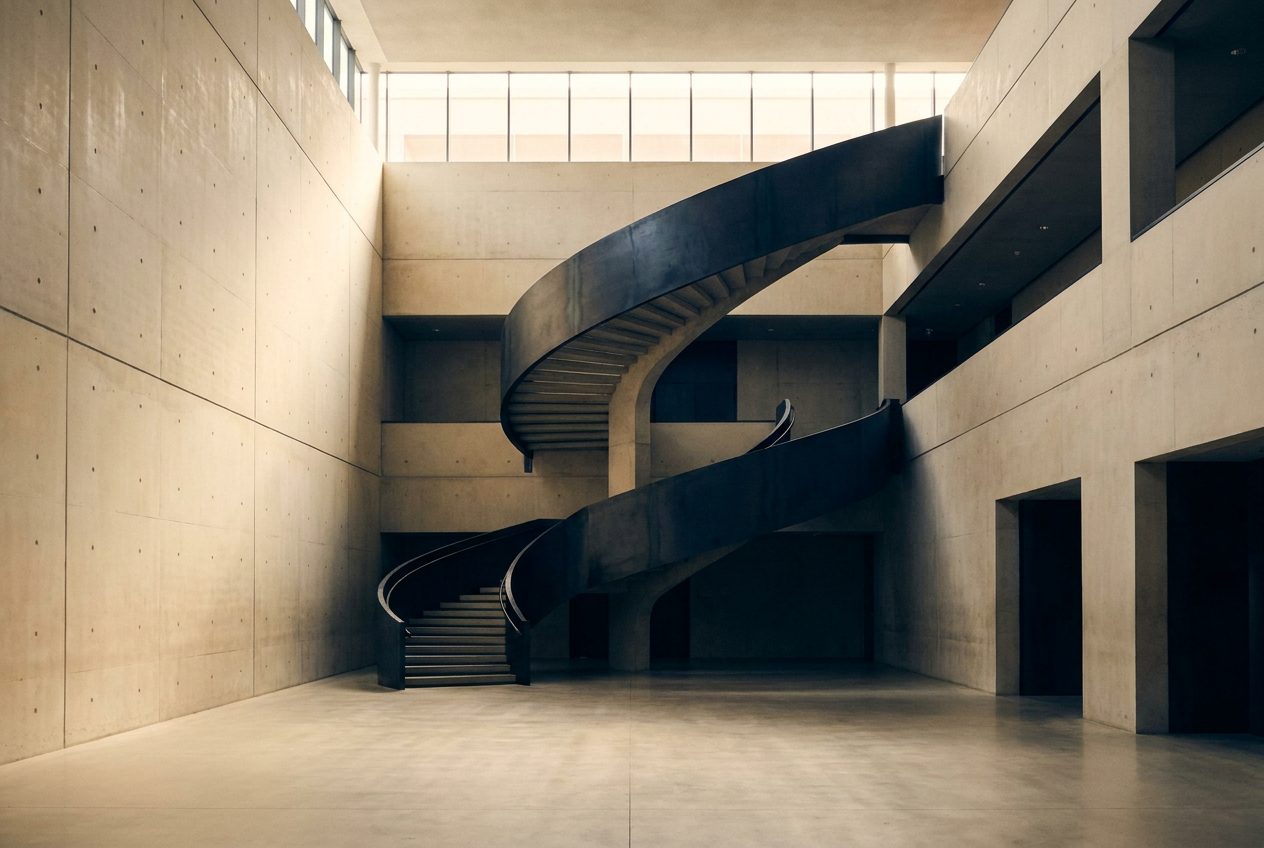 Curved architectural stairwell in low light