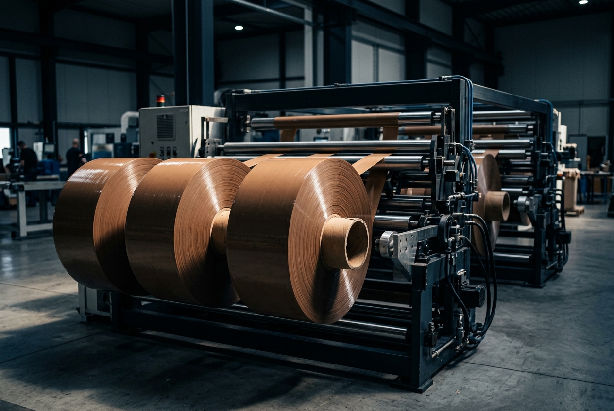 Adhesive tape manufacturing line with jumbo tape rolls
