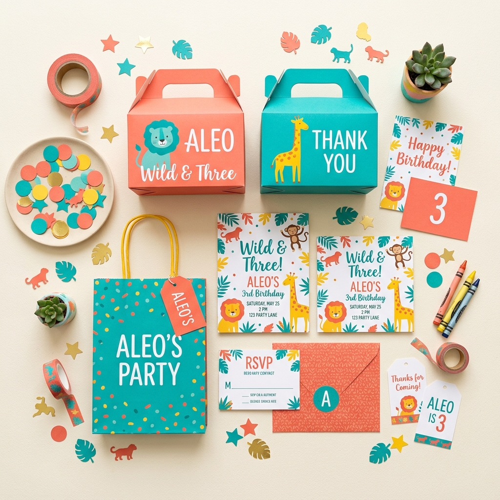 Kit papelaria completo visto de cima — caixas, sacolas e convites