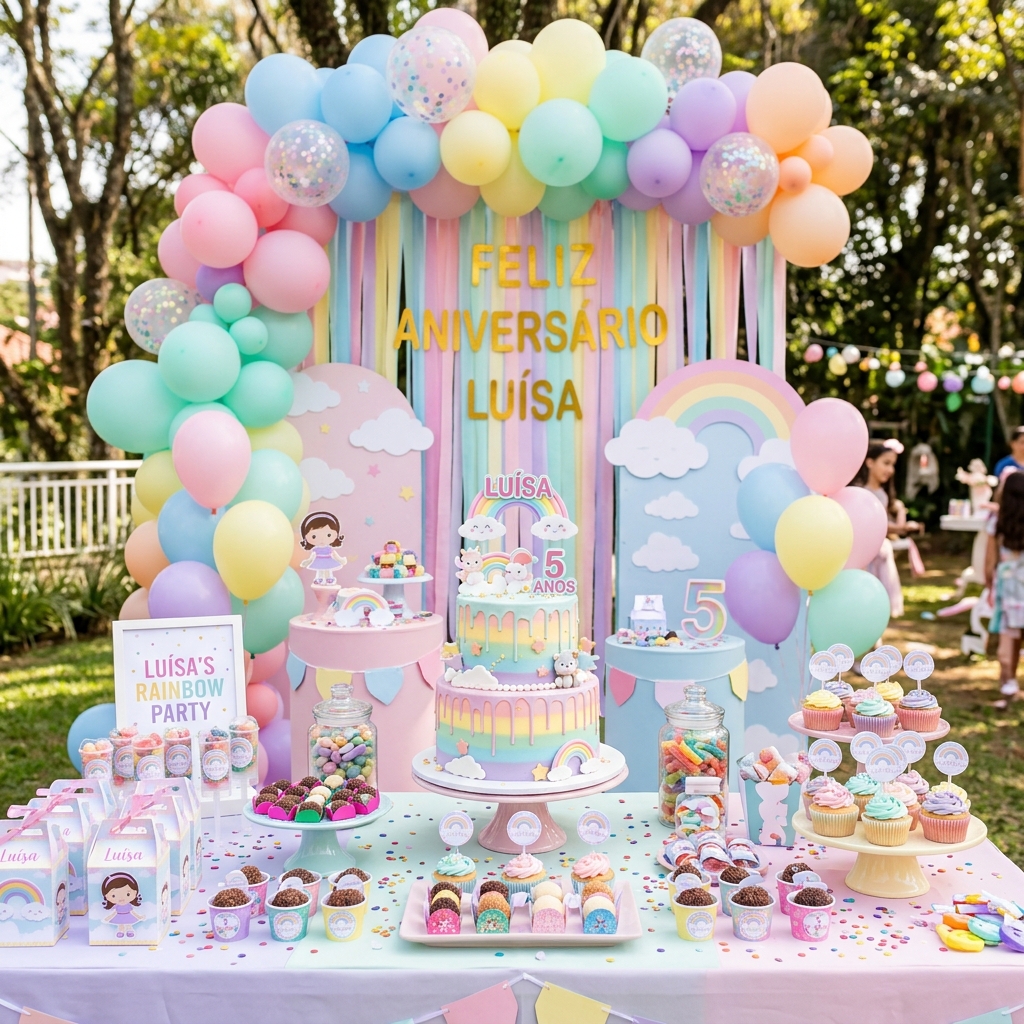 Mesa de aniversário com arco de balões candy colors