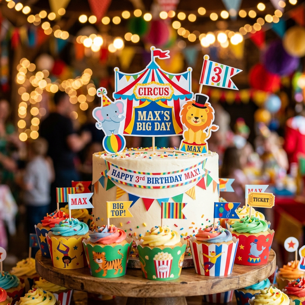 Topo de bolo e forminhas personalizadas — tema circo