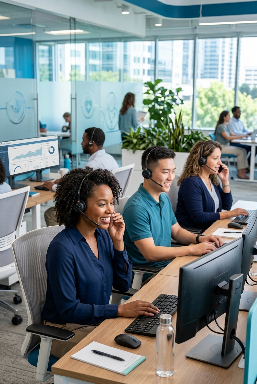 Equipe diversa de atendimento em escritório moderno