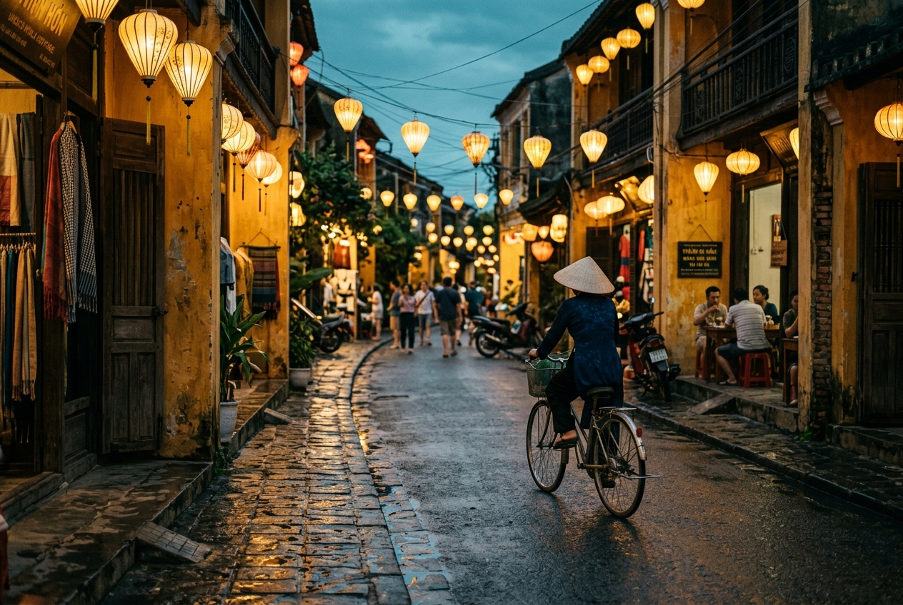 Lantern-lit street in Vietnam at evening