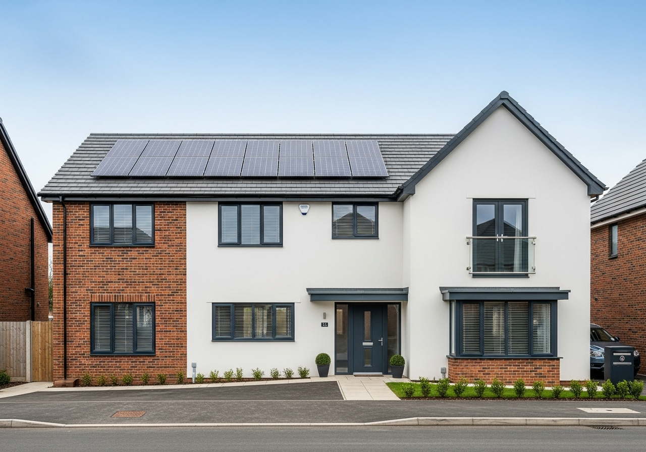 Contemporary UK new-build house with solar PV on the roof