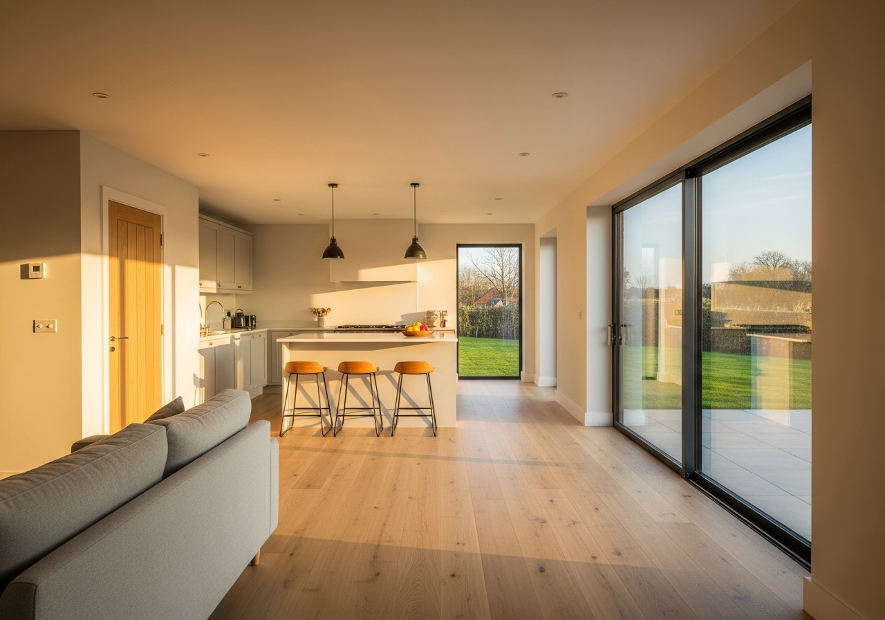 Modern luxury interior with warm radiant light