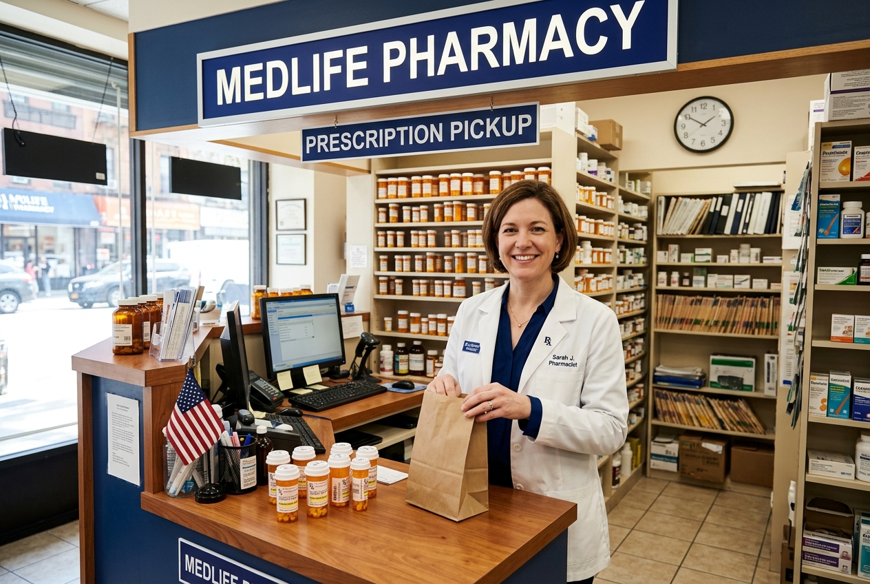 Pharmacist behind the counter at Medlife Pharmacy