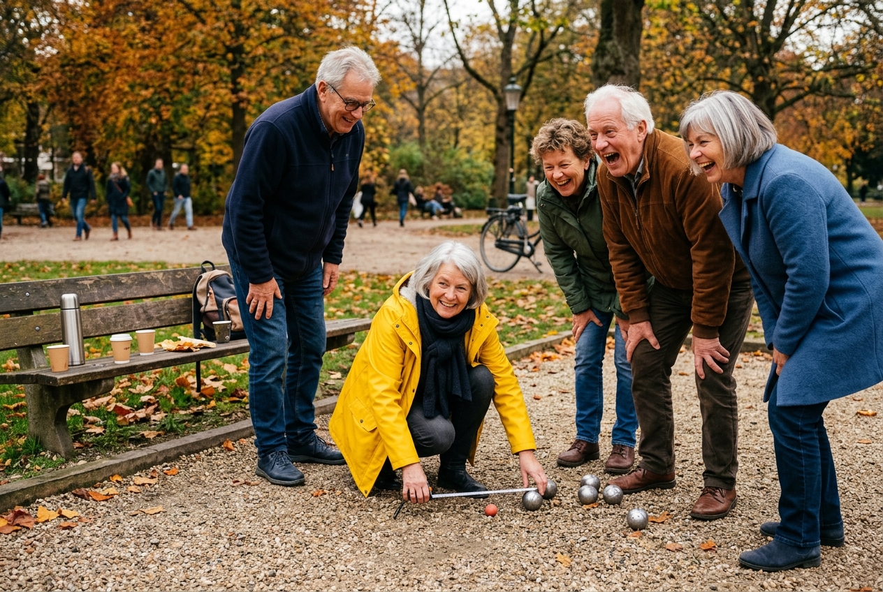 Vijf 60-plussers lachen bij een jeu-de-boulesbaan in een Nederlands stadspark