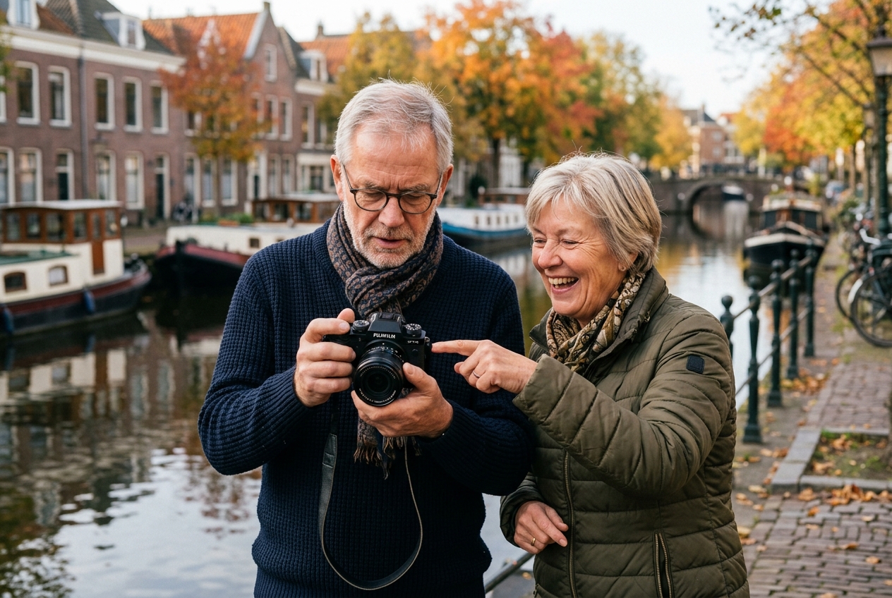 Twee 60-plussers leren samen fotograferen langs een Nederlandse gracht