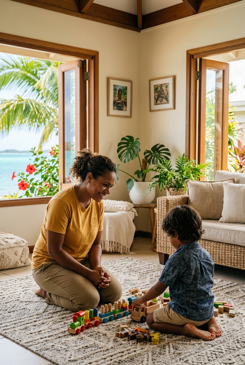Une auxiliaire de vie en t-shirt jaune accompagne un enfant jouant à la maison, à Nouméa