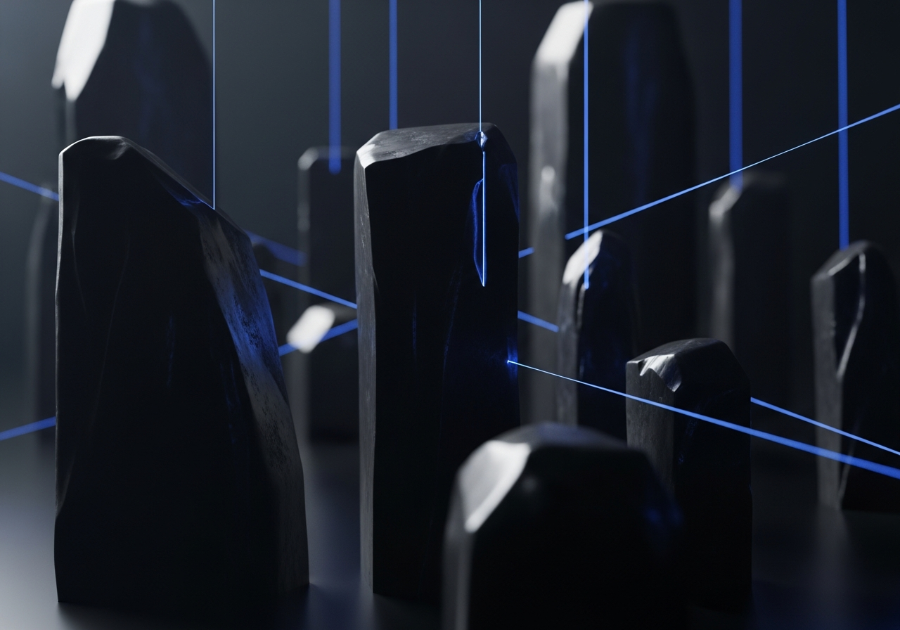 Obsidian monoliths in laser light
