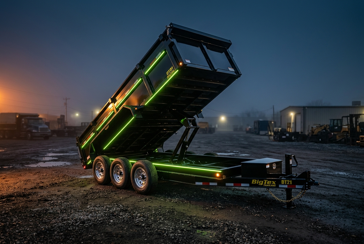 Heavy-duty black dump trailer with neon green accents on an industrial lot