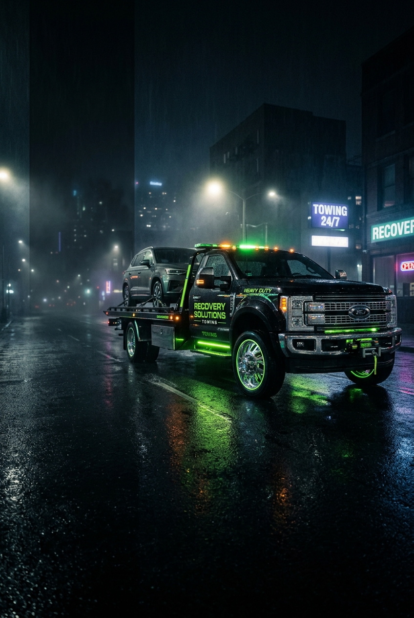 Modern black flatbed tow truck on a wet Rock Hill street at night
