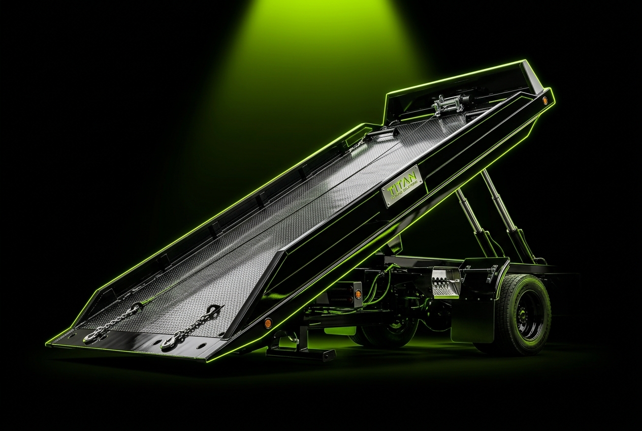 Flatbed tow truck bed tilted under a neon green spotlight