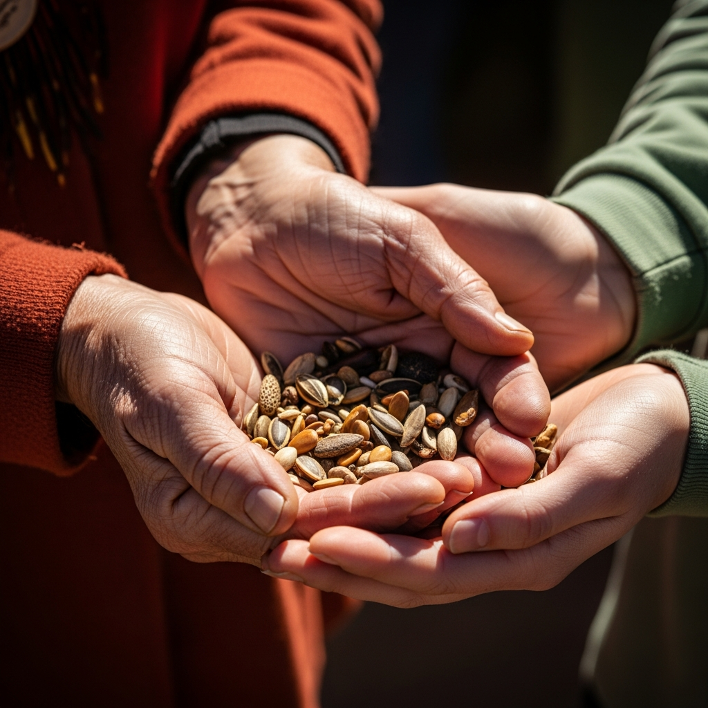Elder passing indigenous seeds to a young person