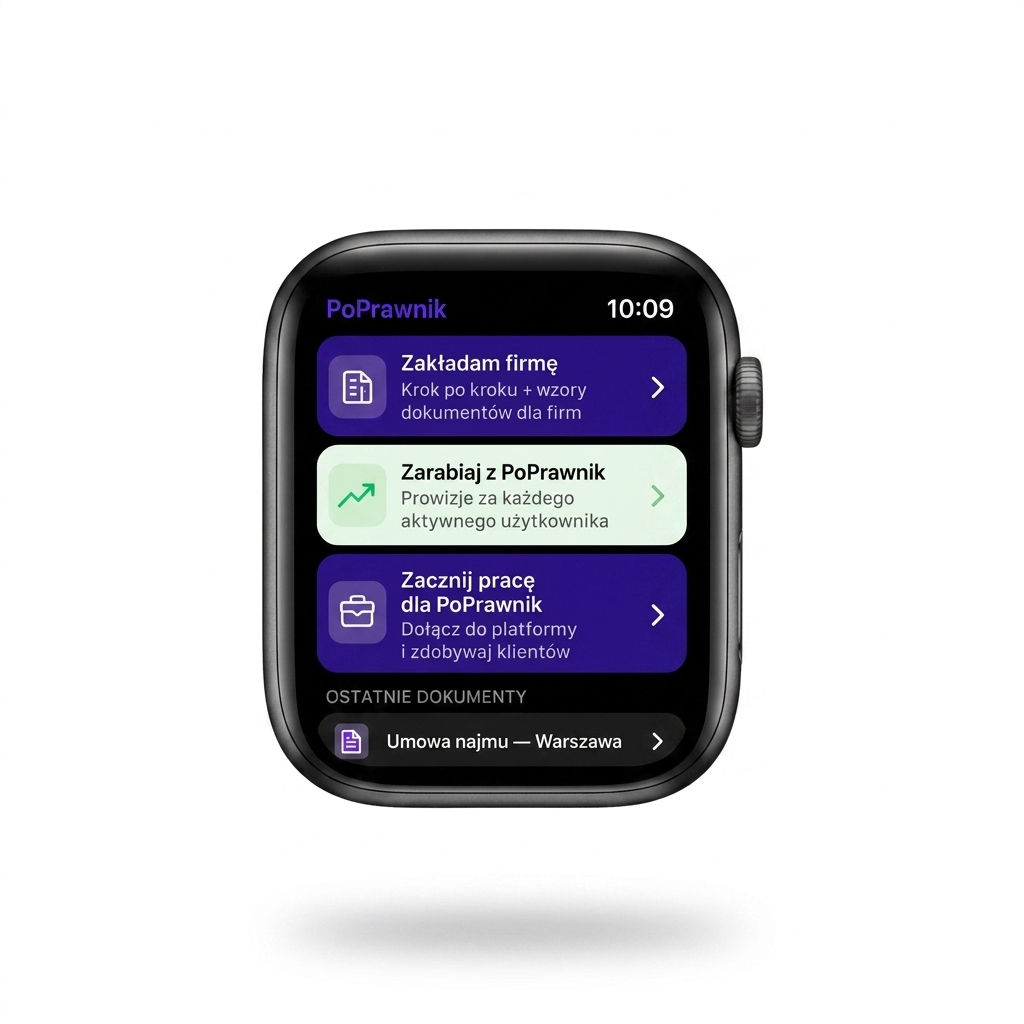 PoPrawnik na Apple Watch — Zakładam firmę, Zarabiaj z PoPrawnik, Zacznij pracę dla PoPrawnik