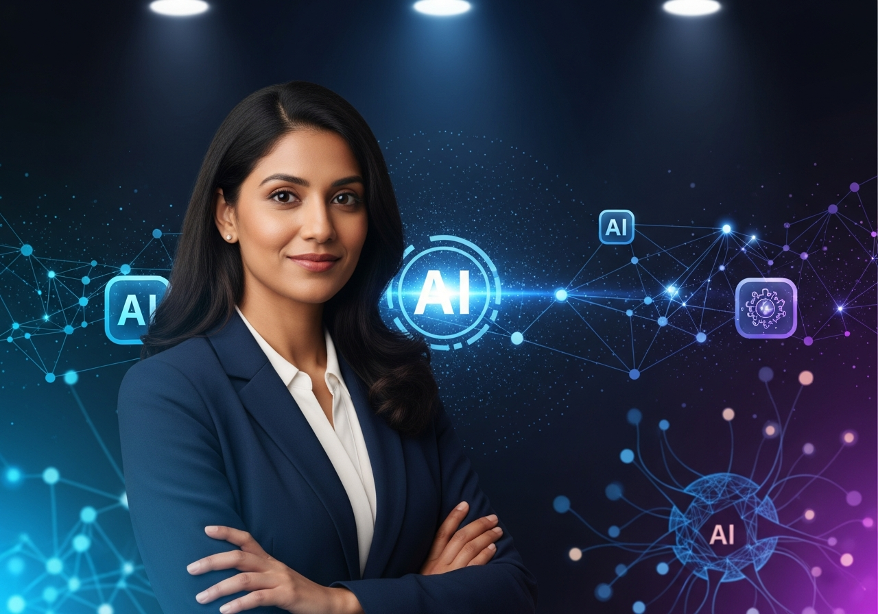 Professional business woman with AI technology background