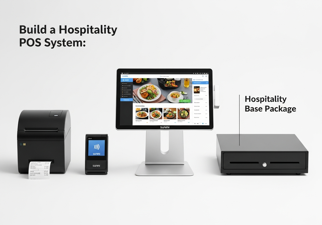 Sunmi hospitality POS system base package with touchscreen, cash drawer, receipt printer, and payment terminal