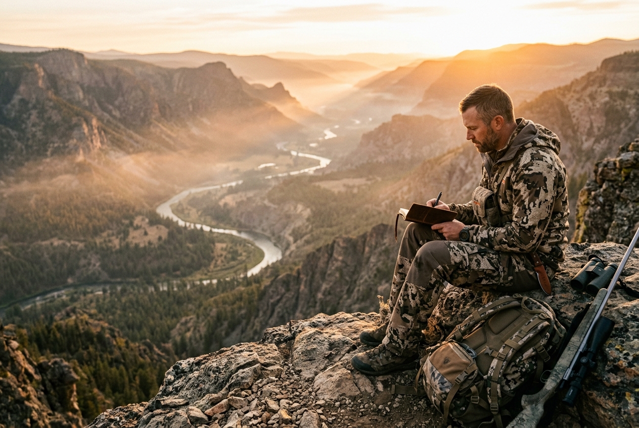 Hunter writing in a field journal overlooking a mountain valley