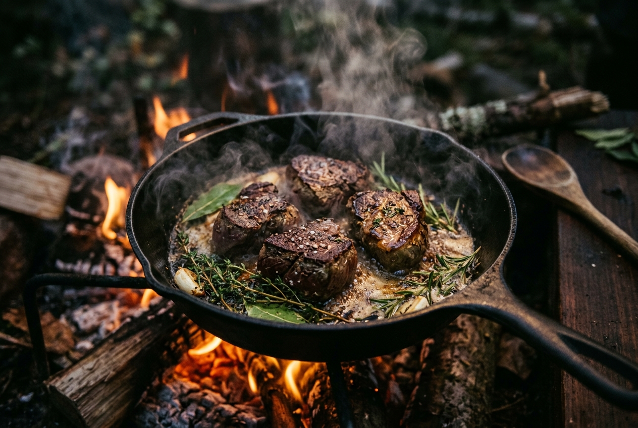 Wild game cooking in a cast iron skillet