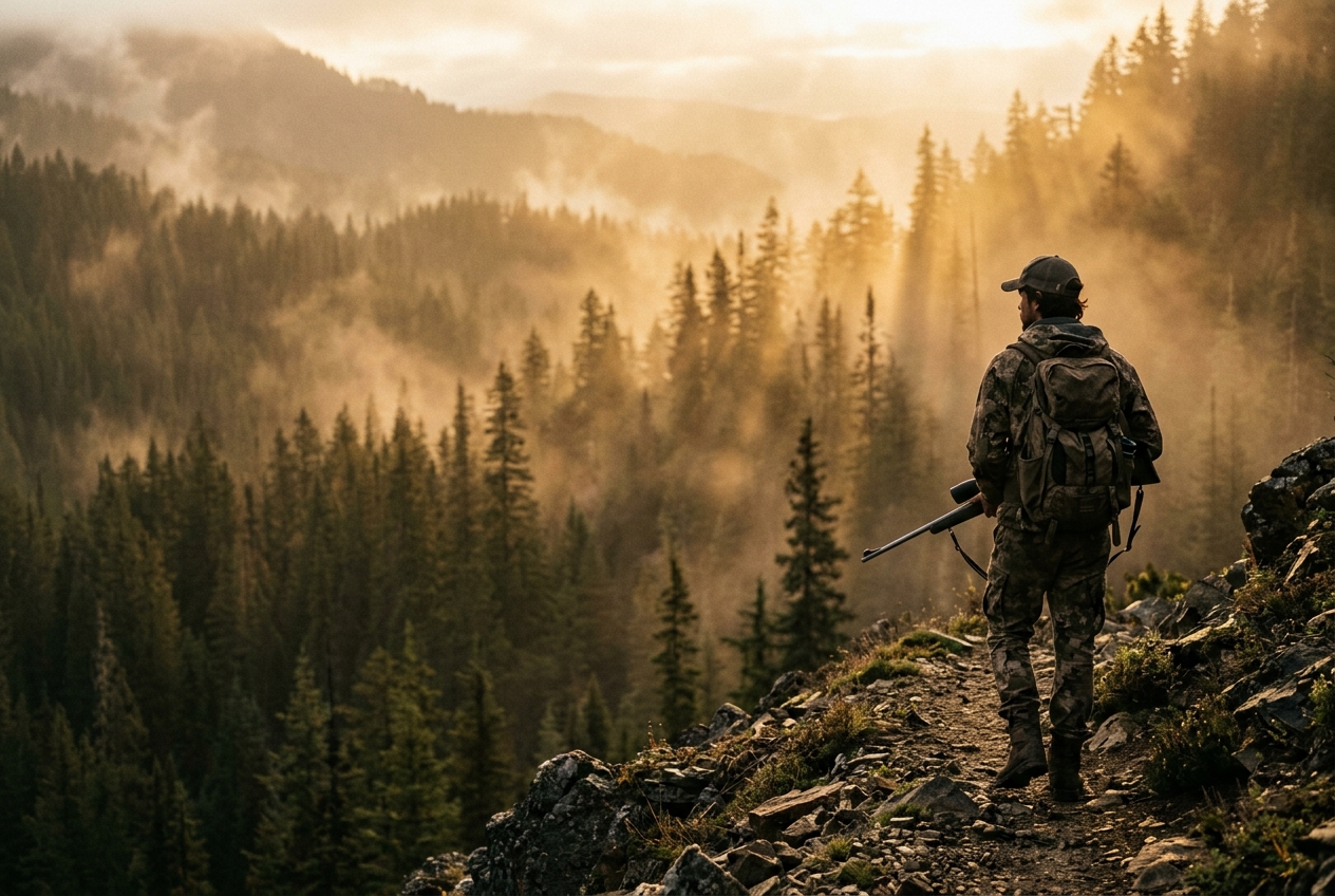 A hunter looking out over a misty pine forest at golden hour