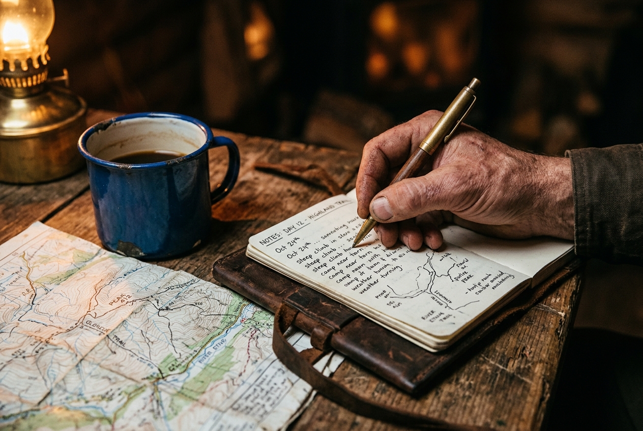 Hand writing in a field journal with a map