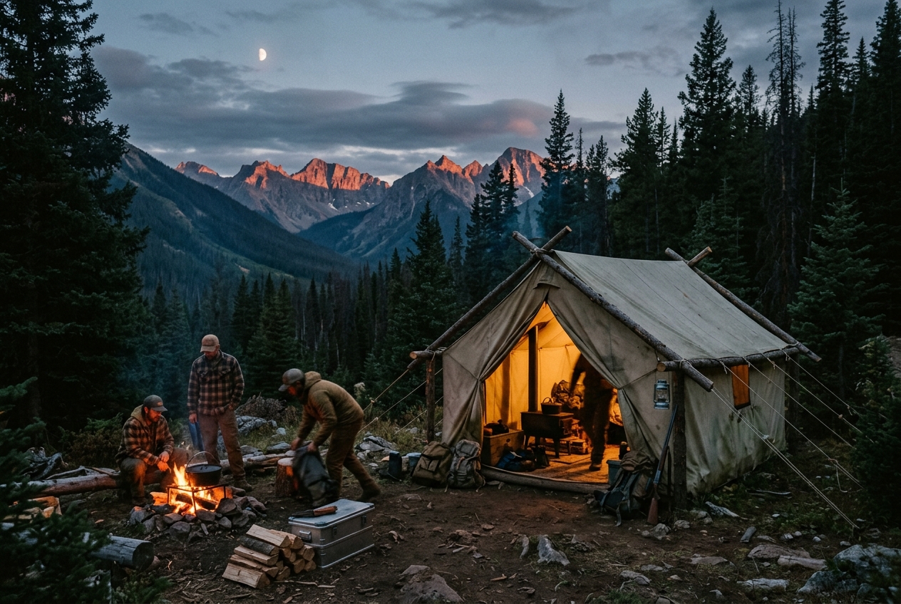 Backcountry hunting camp at dusk
