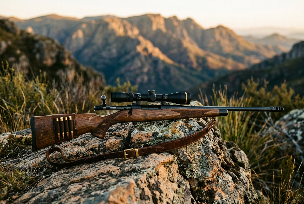 Bolt-action hunting rifle on rock