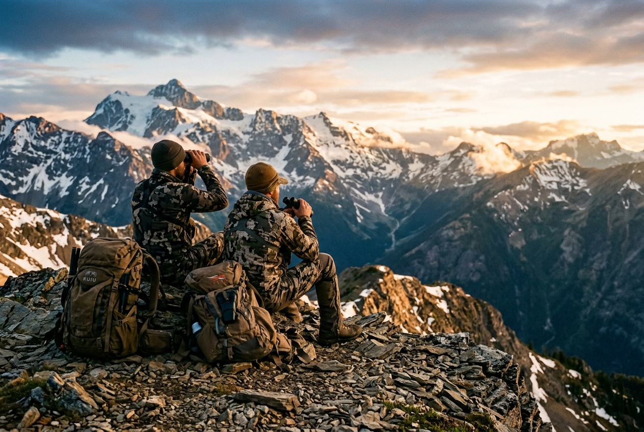 Hunters glassing a mountain ridge at sunset