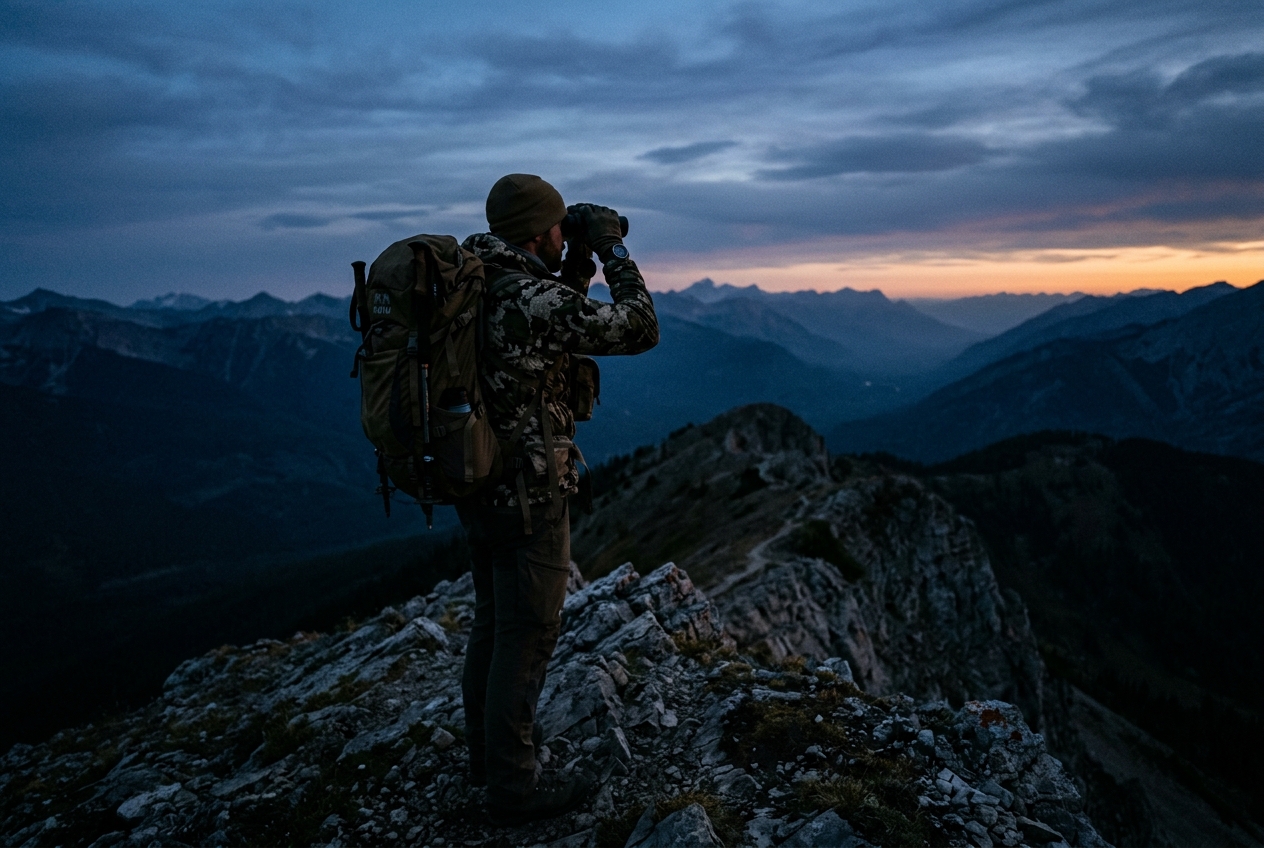 Hunter glassing a ridge at dusk