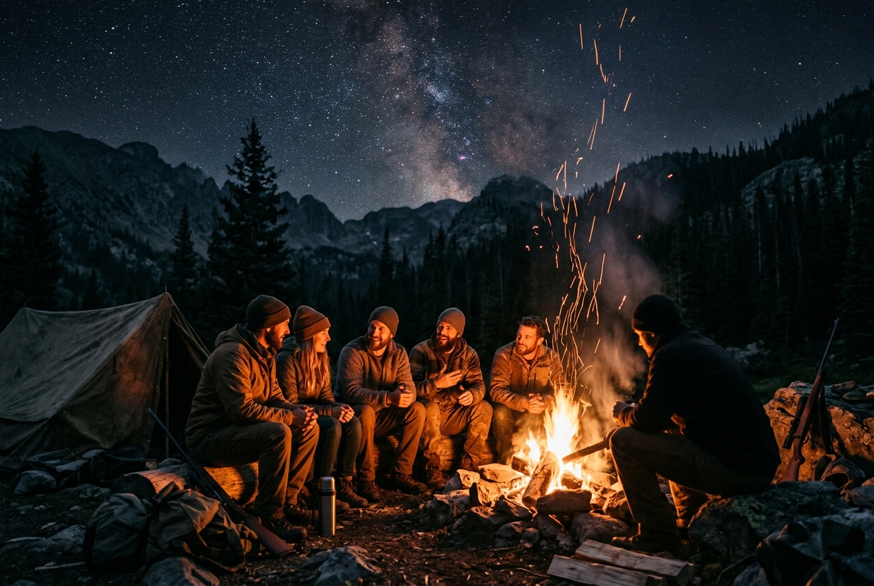 Hunters around a campfire at night