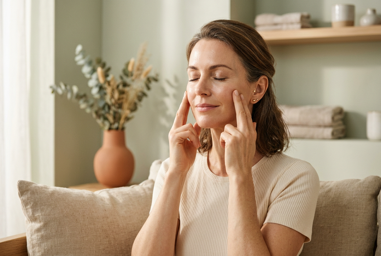 Mujer practicando yoga facial