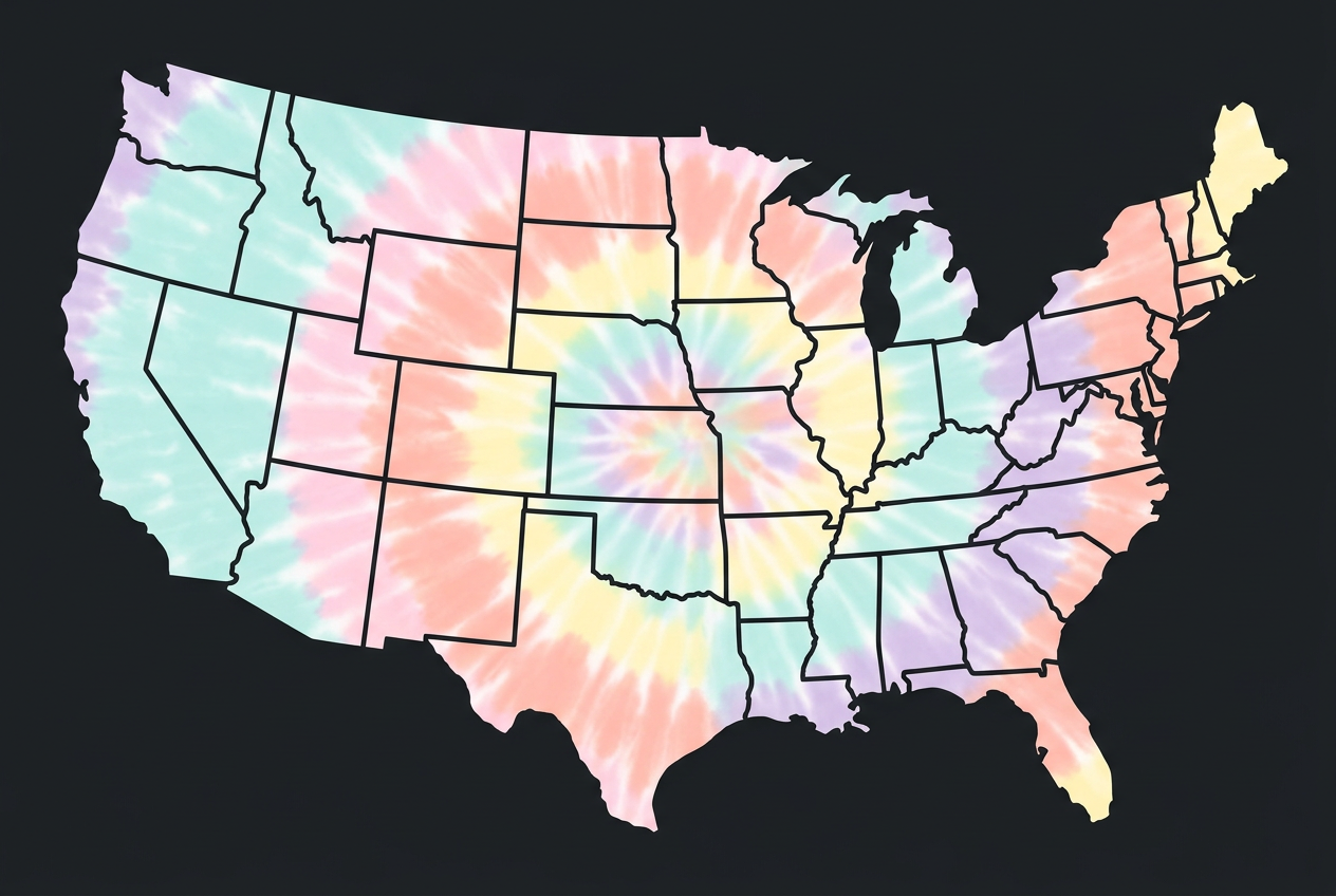 Tie-dye route map of the United States
