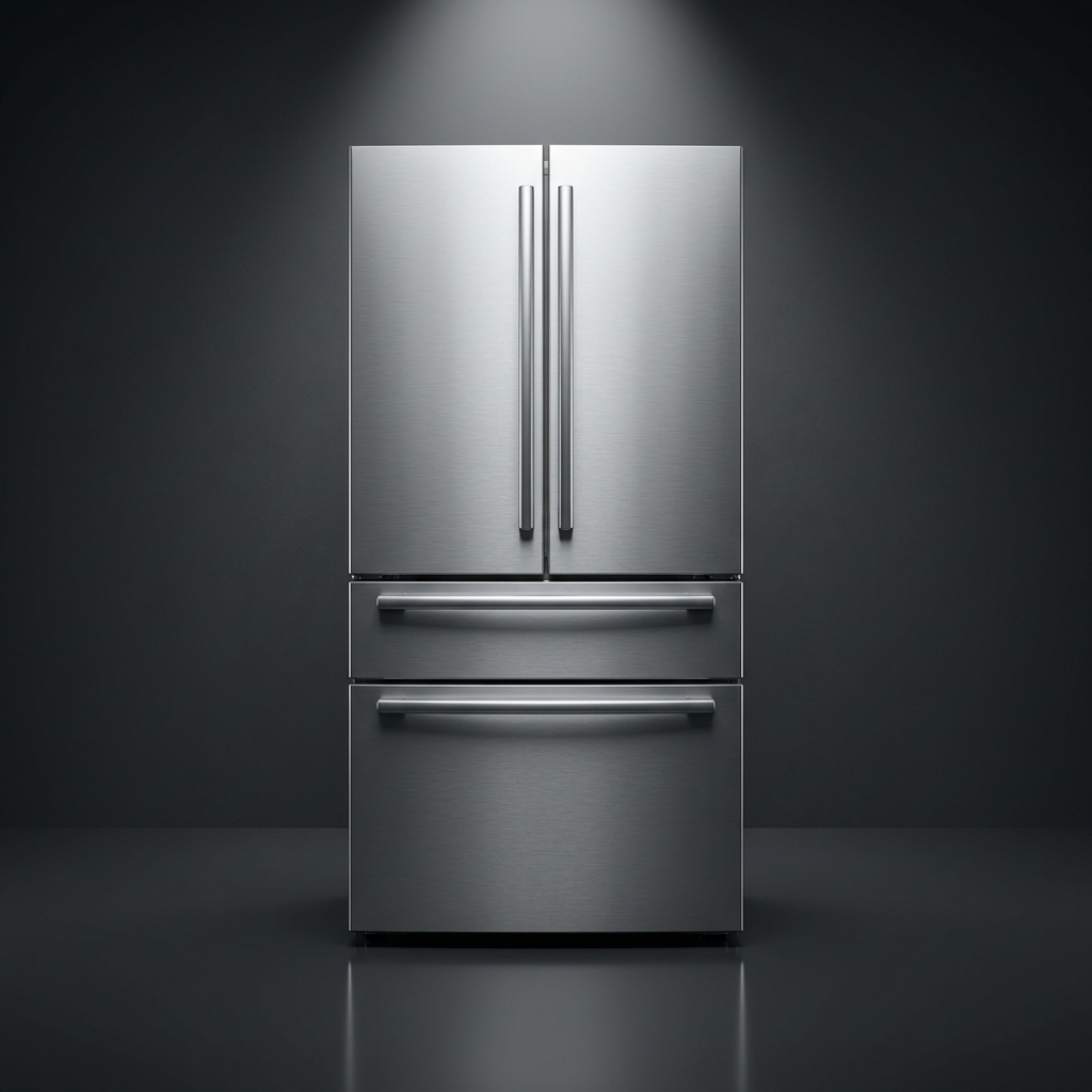 Stainless steel French door refrigerator under a spotlight
