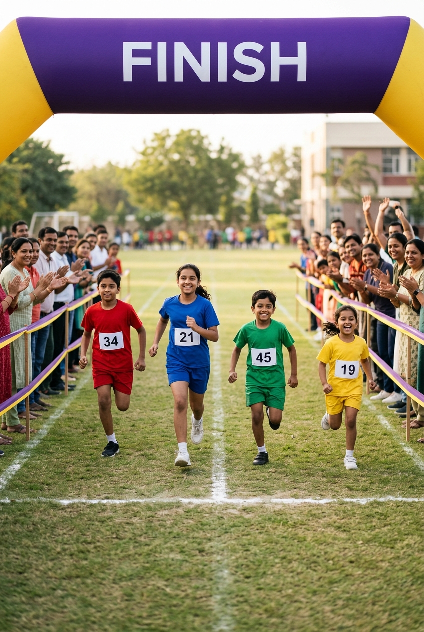 Indian schoolchildren running with space between them on a school sports ground.
